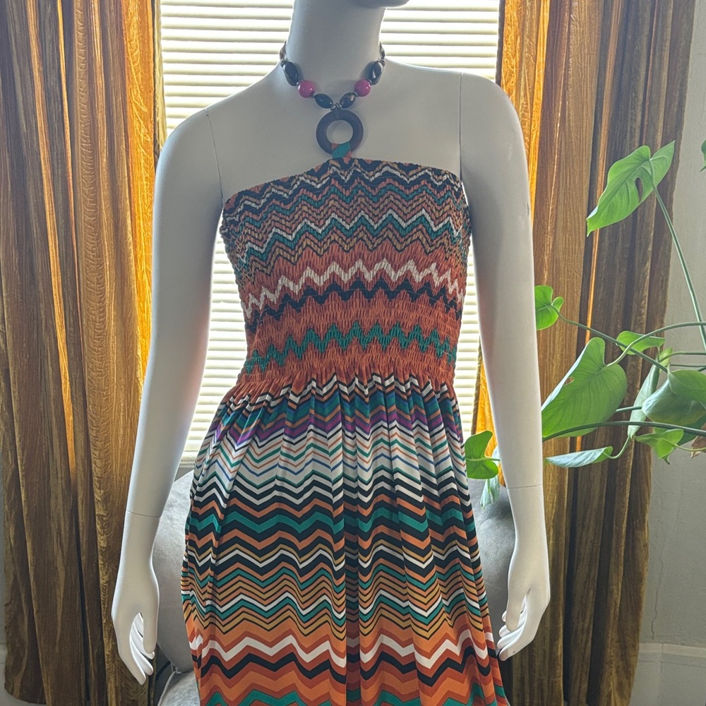 Magic Strapless Chevron Maxi Dress in Orange, Teal, Black, White - Picture 3 of 14